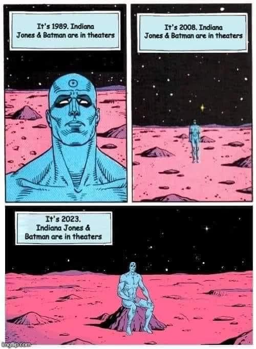 This meme is a humorous commentary on the passage of time. It features a panel from a comic book or graphic novel, where the character of Dr. Manhattan from the series "The Watchmen" is shown to be observing the passage of time. The text in the panel reads, "It's 1989. The United States is in the midst of a cold war, and the world is on the brink of nuclear war. It's 2008. The world is in a state of war, and the world is on the brink of a global war. It's 2023. The world is in a state of war, and the world is on the brink of a global war."